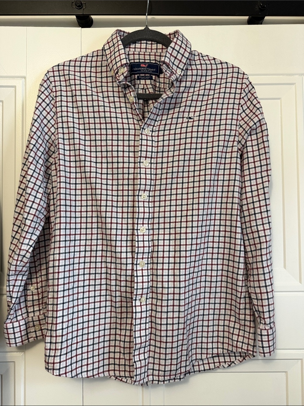 Vineyard Vines Teen White Plaid Button-Down Shirt with Navy & Red Grid